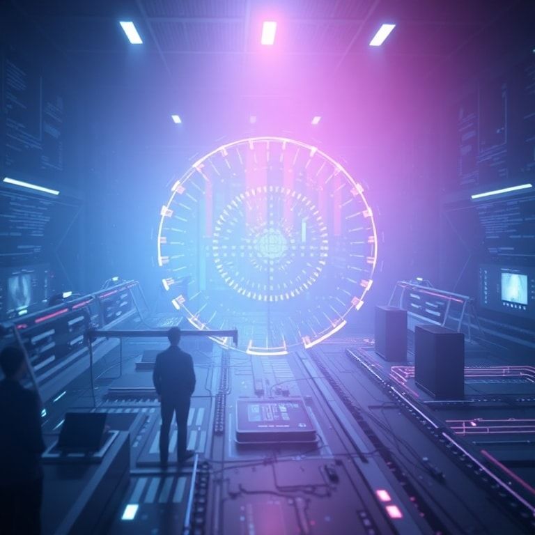 A visionary illustration of AI influencing every layer of software development, with glowing neural networks intertwined with code structures and compliance symbols, set against a futuristic cityscape.