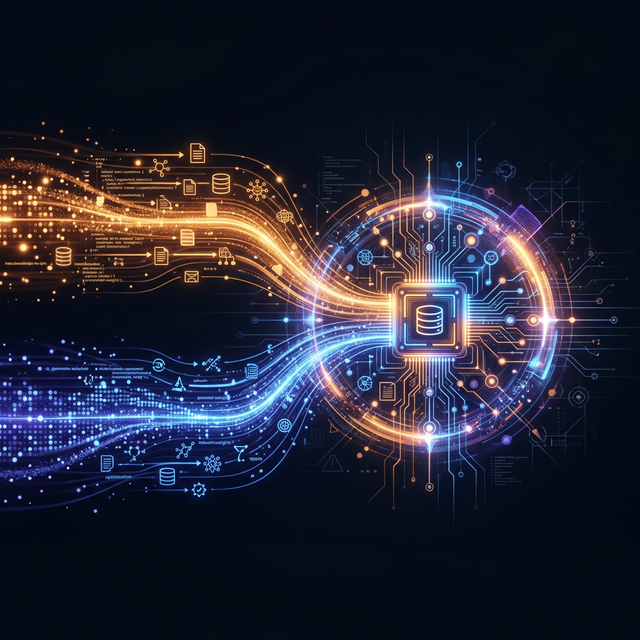 A futuristic diagram illustrating a hybrid AI architecture, showing intertwining pathways for Retrieval-Augmented Generation (RAG) and Fine-Tuning, connected by a central 'Orchestration Layer' with nodes for data sources and various specialized AI models. The style is minimalist and premium.