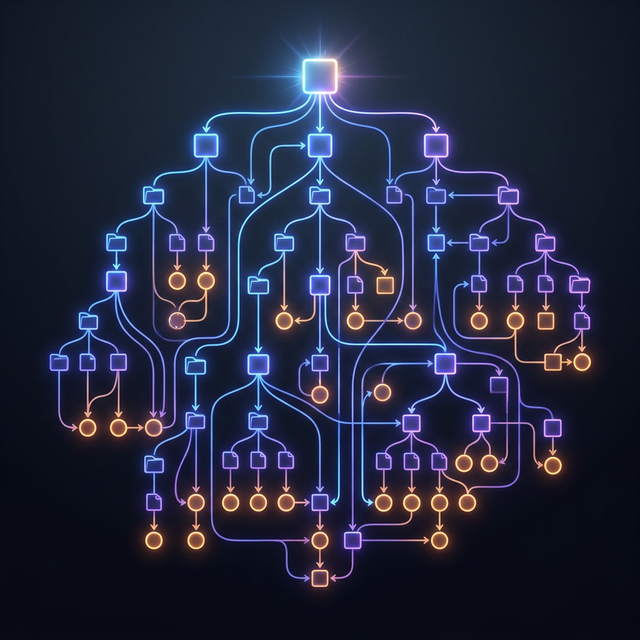 Abstract futuristic neural network background with glowing nodes, representing AI-driven development in 2026.