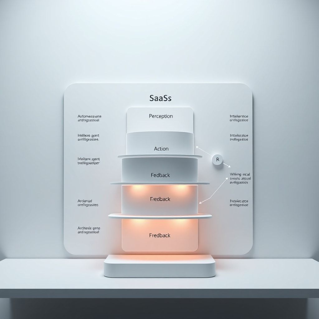 Architectural diagram showing an autonomous SaaS with perception, intelligent agent, action, and feedback layers, plus a HITL interface